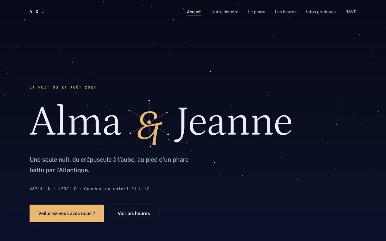 Capture d'écran du site de mariage d'Alma & Jeanne, une nuit au Phare de Kervédal